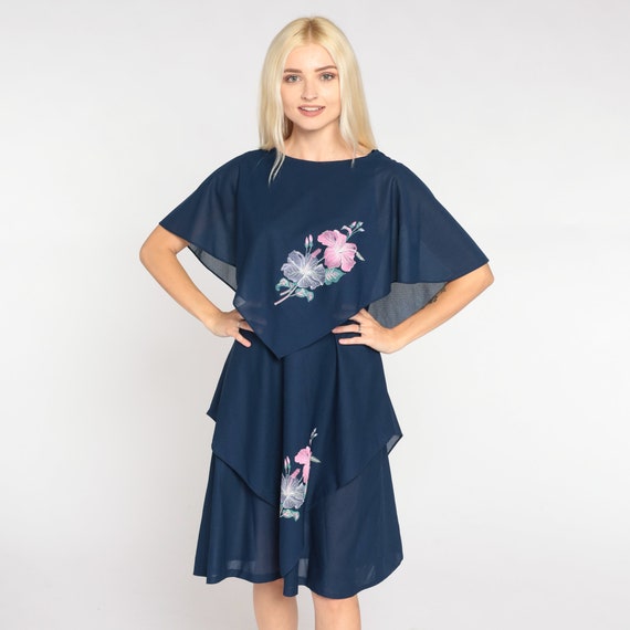 Capelet Dress 70s 80s Navy Blue Mini Dress Floral… - image 3