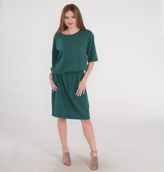 Green Dress 90s Day Dress Retro Casual Plain Basi… - image 2