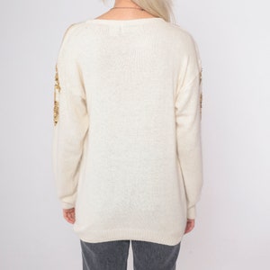 Cream Sequin Sweater 80s Beaded Silk Angora Wool Sweater Gold Leaf Slouchy Pullover Jumper Sweater 90s Vintage Party Holiday Sweater Medium image 5