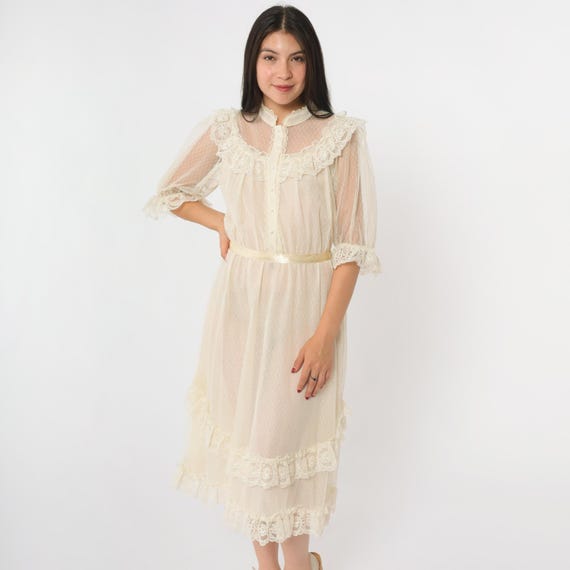Vintage Sheer Lace Dress 70s 80s Cream Midi Pearl Button Up Prairie Ruffle Trim Bib Victorian 1970s 1980s Boho Hippie Wedding Small Medium