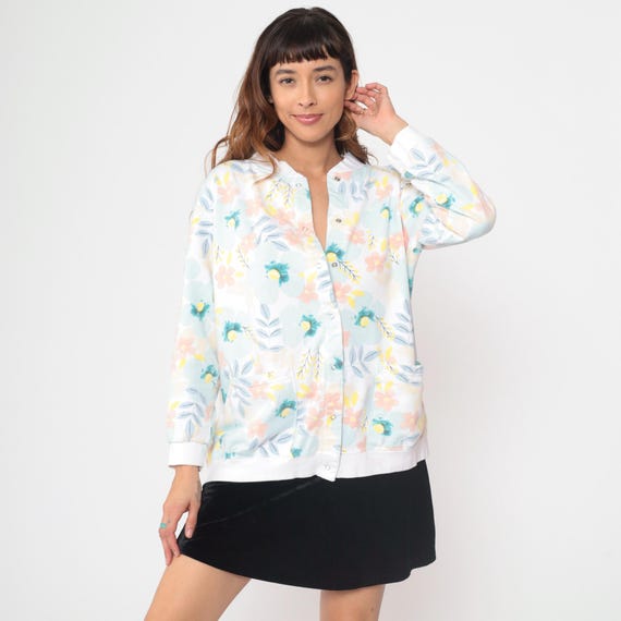 Floral Cardigan 90s White Pink Blue Yellow Sweater Vintage Button Up Long Sleeve Pastel Spring Botanical Floral Leaves Garden Print XL