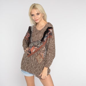 Animal Print Sweater 90s Patchwork Pullover Knit Sweater Brown Floral Faux Fur Leopard Cheetah Jumper Retro Bohemian Vintage 1990s Large L