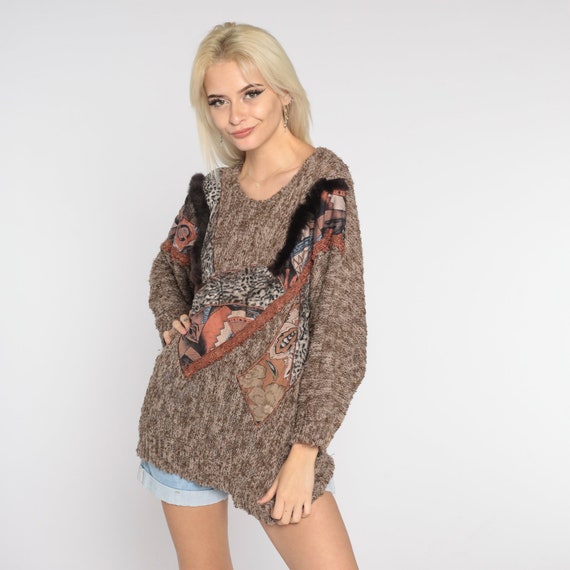 Animal Print Sweater 90s Patchwork Pullover Knit Sweater Brown Floral Faux Fur Leopard Cheetah Jumper Retro Bohemian Vintage 1990s Large L