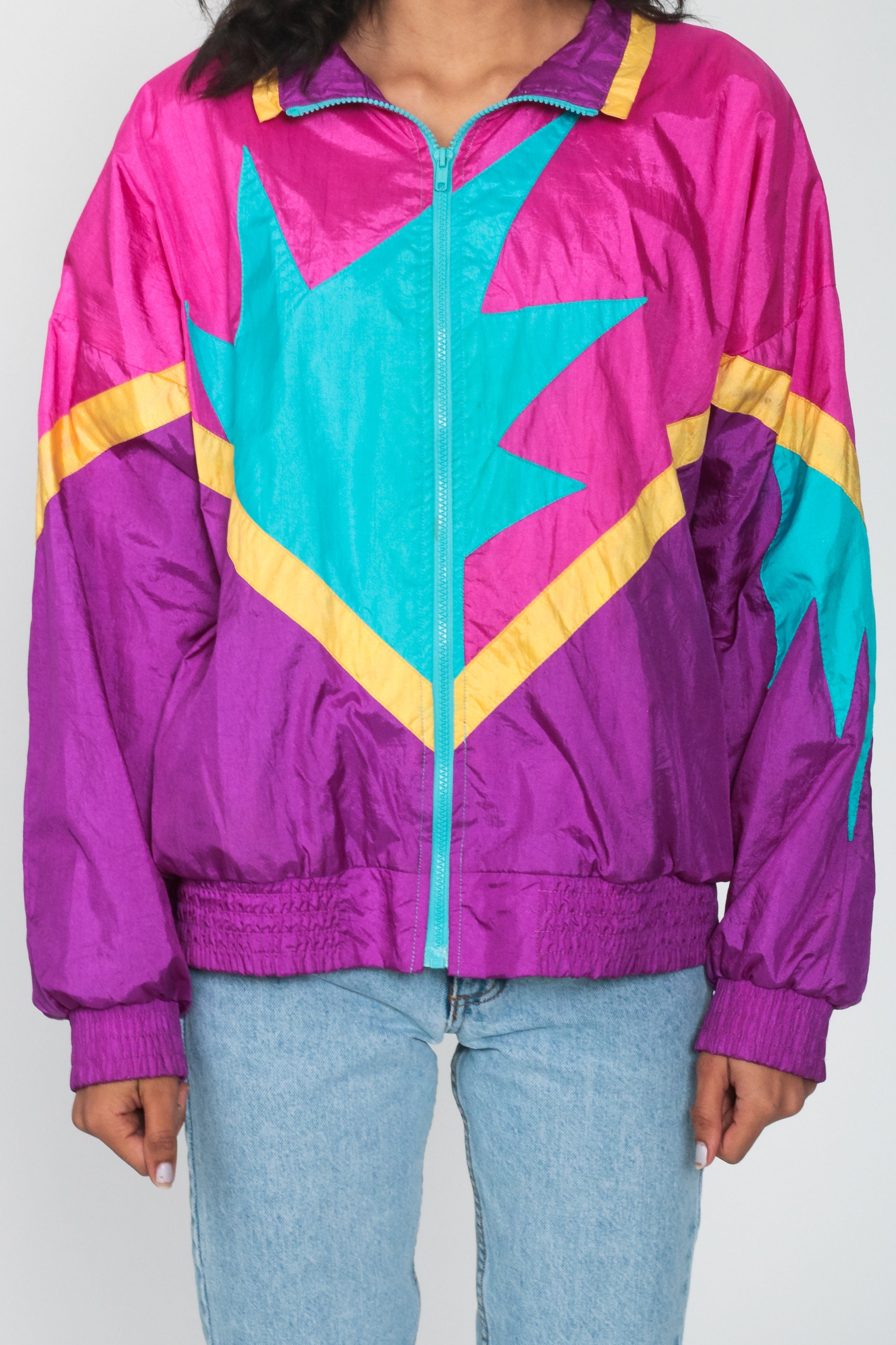 90s Windbreaker Jacket Shiny Neon Windbreaker Bright Blue ...