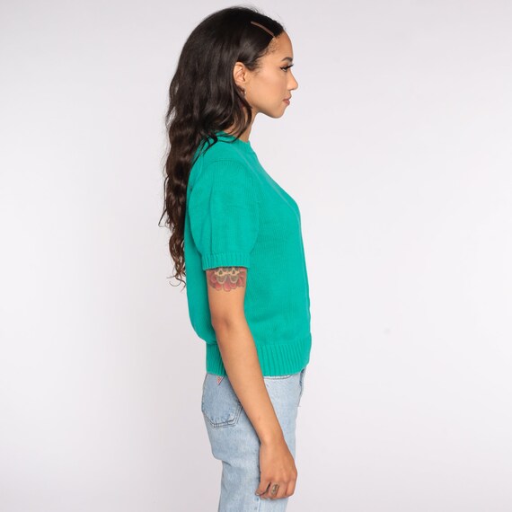 Green Knit Shirt 90s Cotton Knit Top Short Sleeve… - image 4