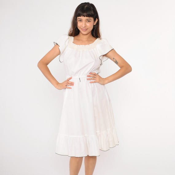 Vintage White Peasant Dress Flutter Sleeve Bohemian Dress 80s Boho Midi Smocked Neckline Dress Flounce 1980s Hippie High Waist Medium