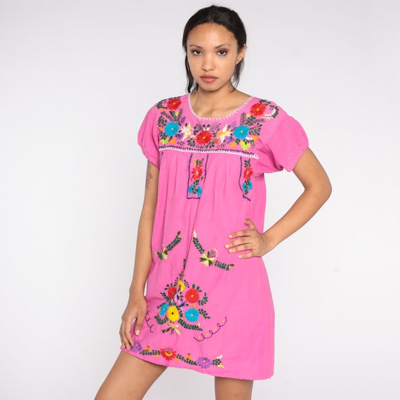 Pink Mexican Dress 90s Rainbow Floral Embroidered… - image 2