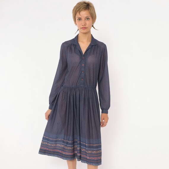 70s Navy Calico Dress Below Knee Drop Waist Button Front Long Sleeve Collared Geometric Diamond Print Prairie Cottagecore Vintage Medium M
