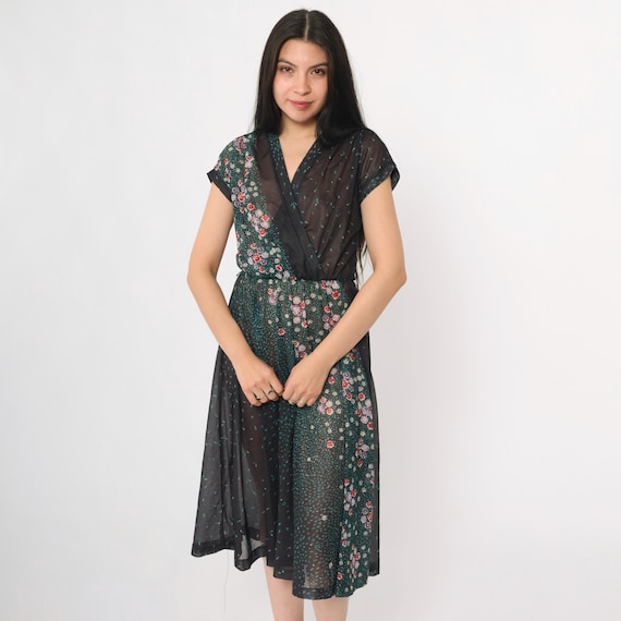 Vintage Sheer Floral Midi Dress 70s Black Faux Wrap Dress Boho Chic Cap Sleeve 1970s V Neck Bohemian High Waist Retro Small 4