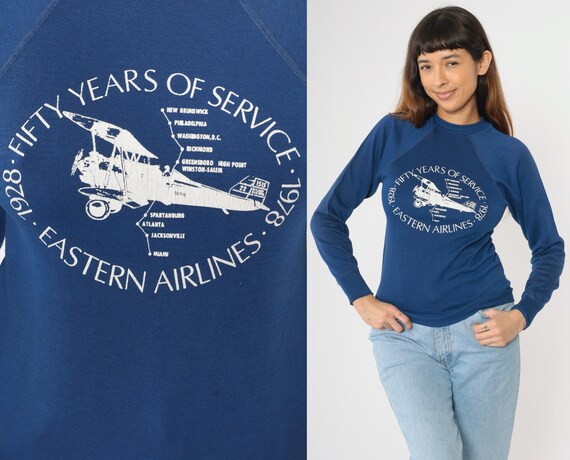 Vintage 70s Eastern Airlines Sweatshirt Blue Crewneck Airplane Graphic 50 Years 1978 Aviation History Pullover Raglan Sleeve Extra Small xs