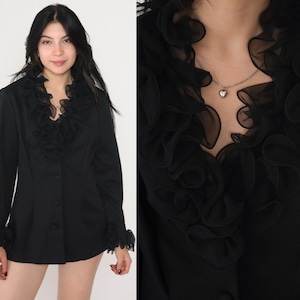 Black Ruffled Blazer 70s Button up Jacket Formal Evening Cocktail Party Long Sleeve Blouse Chic Top Tailored Retro Vintage 1970s Medium M