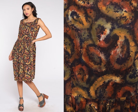 60s Midi Dress Paisley Print Dress Boho Sleeveless Flowy A Line Day Dress Retro Pin Up Fit and Flare Vintage 1960s Bohemian Large 14