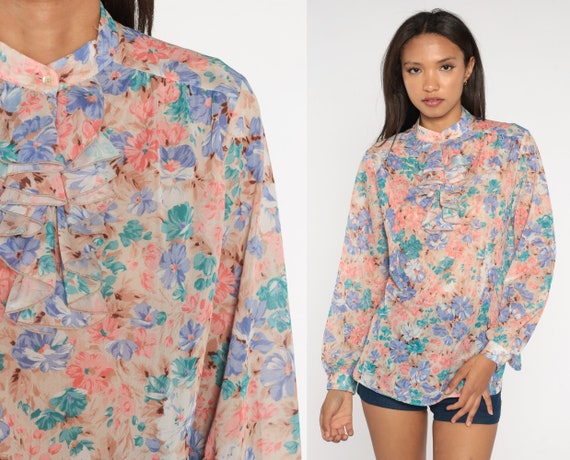 Ruffle Floral Shirt Tuxedo Blouse Pink Blue Top Button Up Blouse 70s Bohemian Long Sleeve 1970s Vintage Secretary Hippie Boho Medium Large