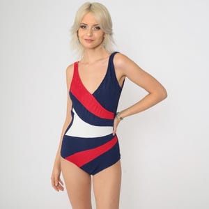 Vintage 70s Robby Len Swimsuit Red White Blue Color Block Striped Textured One Piece V-Neck Low Back Mod 1970s Swimwear Small Medium
