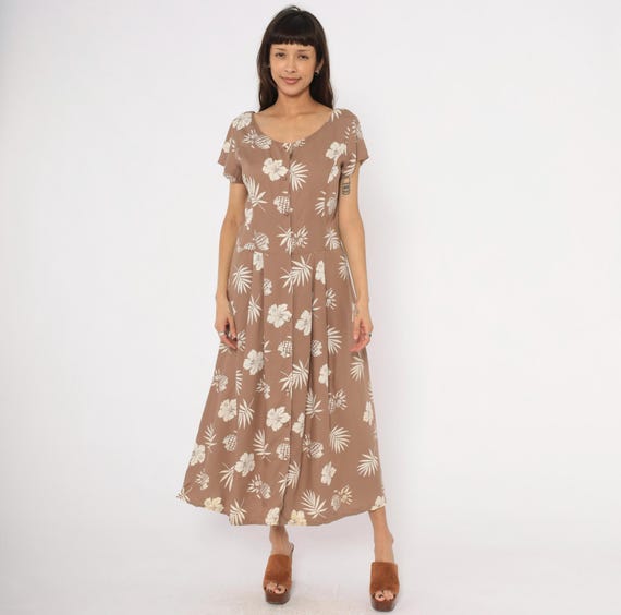 Tropical Pineapple Dress Hibiscus 80s Apart Maxi Cap Sleeve Tan Cream Floral Hawaiian Drop Waist Pleated Sand Taupe Summer Sundress Medium M