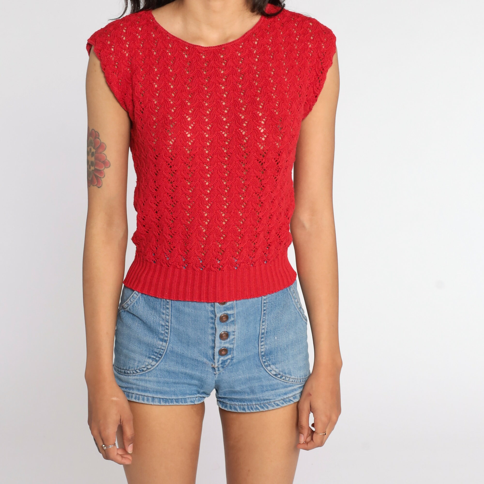 Sheer Sweater Top 80s Red Knit Shirt Boho Open Weave Short Sleeve 1980s