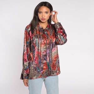 80s Paisley Blouse Silky Metallic Shirt 90s Button Up Shirt Long Sleeve Top Psychedelic Collar Blouse Satin 1980s Vintage Extra Large xl 14