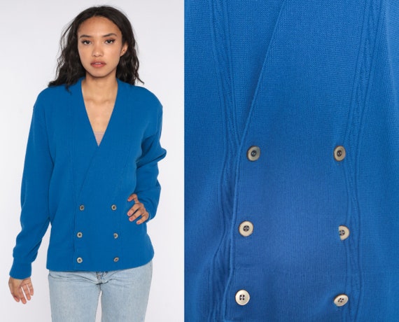 Blue Cable Knit Cardigan 80s Royal Blue Double Breasted Sweater Cableknit Button Up 80s Vintage Plain Large L