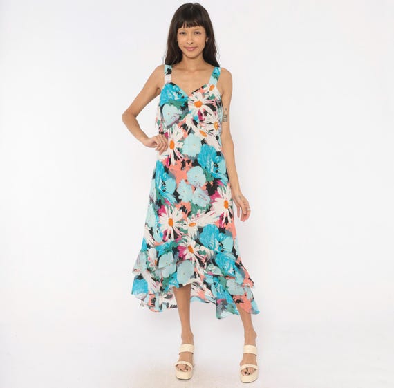 2000s Floral Maxi Dress Aqua Pink Daisy V Neck Ruffle Summer Sundress Tropical Vacation Beach Colorful Plus Size Extra Extra Large XXL