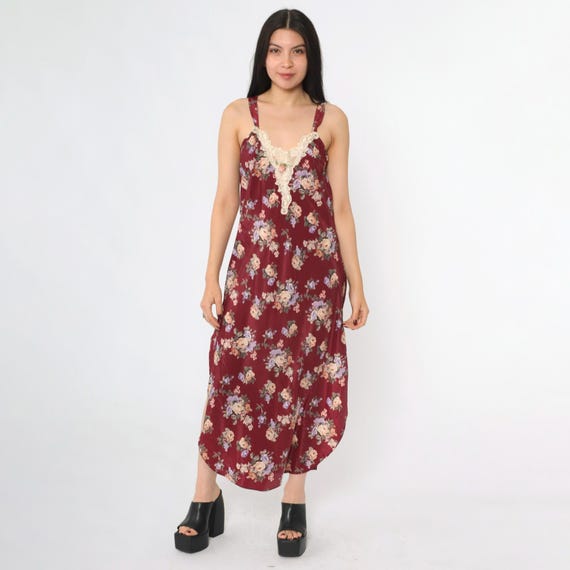 90s Floral Slip Dress Vintage Burgundy Satin Chemise Lace Trim Pink Rosette Lingerie Nightgown Deep V Back Nightie Midi Sleep Sexy Medium