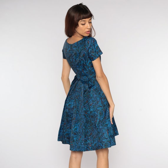 60s Day Dress Blue Paisley Tea Length 60s PLEATED… - image 6