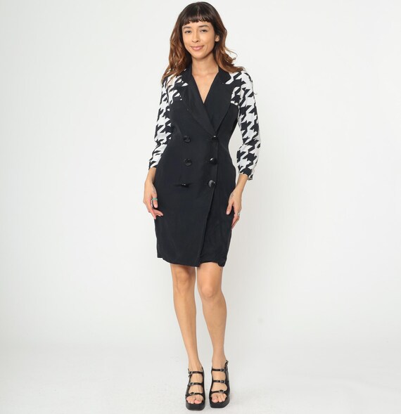 90s Black Blazer Dress Houndstooth Double Breasted Button Front Tuxedo Mini Black White Vintage Notched Lapel Business Workwear Small S