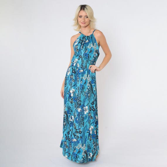 Vintage Floral Halter Dress 70s Deep V Back Maxi Blue Tropical Flower Print Long Hippie High Waist Boho 1970s Open Back Sundress Small S