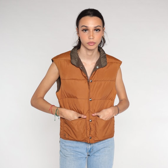 Reversible Ski Vest 80s Puffer Vest Brown Chocolate Tonal Nylon Down Fill Vest Sleeveless Jacket Puffy Retro Vintage 1980s Small S