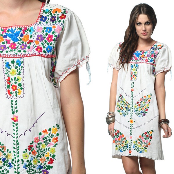 Embroidered Mexican Dress 60s 70s Hippie Boho Mini Floral Cotton Tunic 1970s Ethnic Bohemian Vintage White Tent Dress Medium Large M L