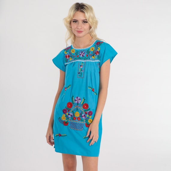 Blue Mexican Dress 90s Floral Embroidered Mini Dress Turquoise Flower Short Sleeve Boho Hippie Puebla Vintage 1990s Extra Small xs