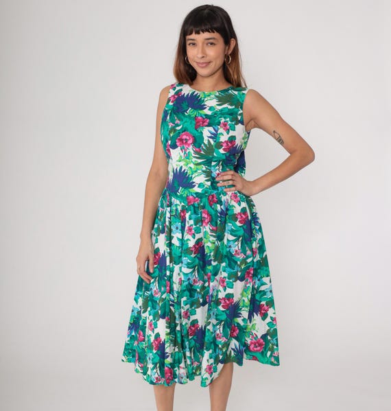 Tropical Print Midi Dress 80s Green Pink Floral Sleeveless Vintage Open Back Bow Tie Cotton Drop Waist Summer All That Jazz Small Medium