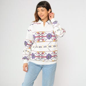 90s Southwestern Sweatshirt Vintage White Henley Neckline Southwest Print Shirt Boho Shirt Long Sleeve 1990s Slouchy Medium M