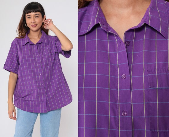 Purple Checkered Shirt 90s Button Up Blouse Short Sleeve Check Shirt Collar Top Vintage Button Tab Sleeve Preppy Plus Size 18W 18 W