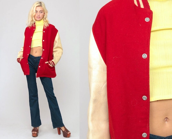 Varsity Jacket WOOL Jacket 80s Football Jacket Bomber Baseball Coat Letterman Sports Red Hipster 1980s Vintage Rockabilly Retro Large