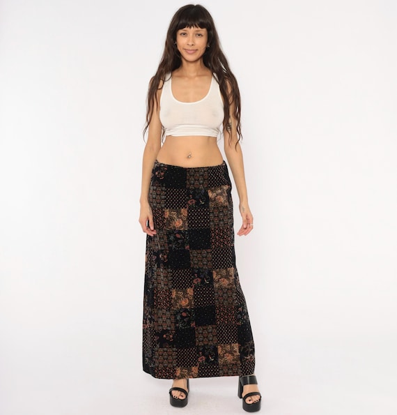 Patchwork Velvet Maxi Skirt 70s Black Floral Paisley Quilt Print A Line Floor Length Elastic Waist Bohemian Festival Prairie  Vintage Medium