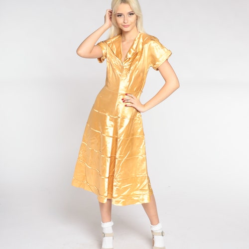 40s Dress Gold Silk Satin Midi Dress shops Collared Retro Party Formal Cocktail Dress Tea Length Glam Short Sleeve V Neck Vintage 1940s Small S