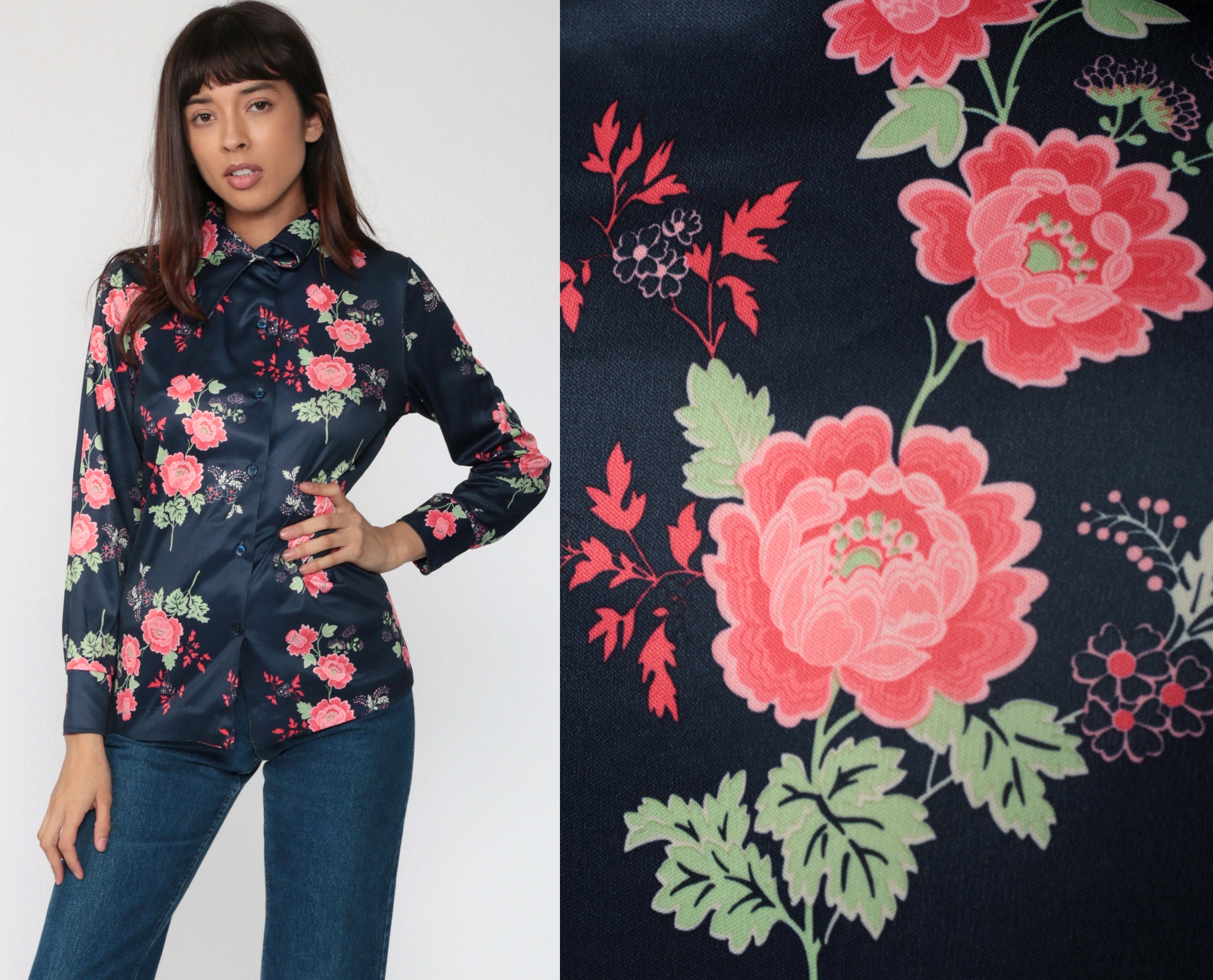 Navy Floral Shirt Boho Shirt 70s Disco Button Up Blue Flower Print ...