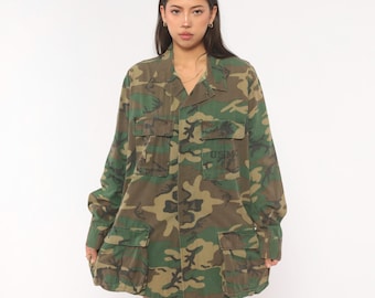 90s Camo Shirt Military Woodland Camouflage BDU Cotton Army Green Utility Field Jacket Combat Surplus Fatigue Vintage Extra Large XL