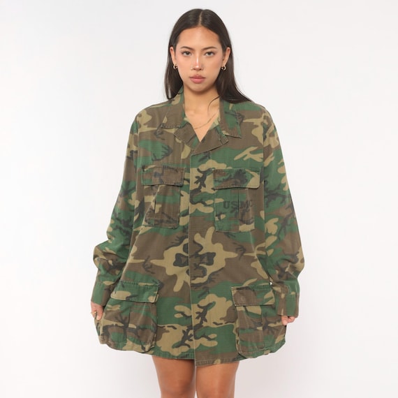 90s Camo Shirt Military Woodland Camouflage BDU Cotton Army Green Utility Field Jacket Combat Surplus Fatigue Vintage Extra Large XL