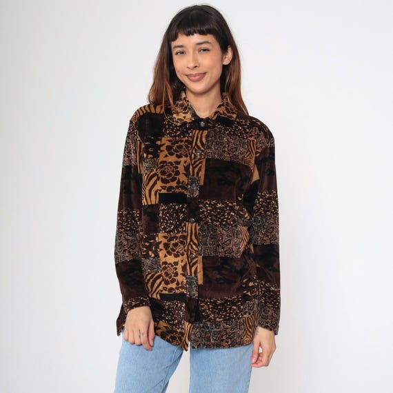 Patchwork Velour Shirt 90s Animal Print Button Up Blouse Brown Long Sleeve Top Leopard Zebra Stripe Floral Vintage Bohemian Oversized Small