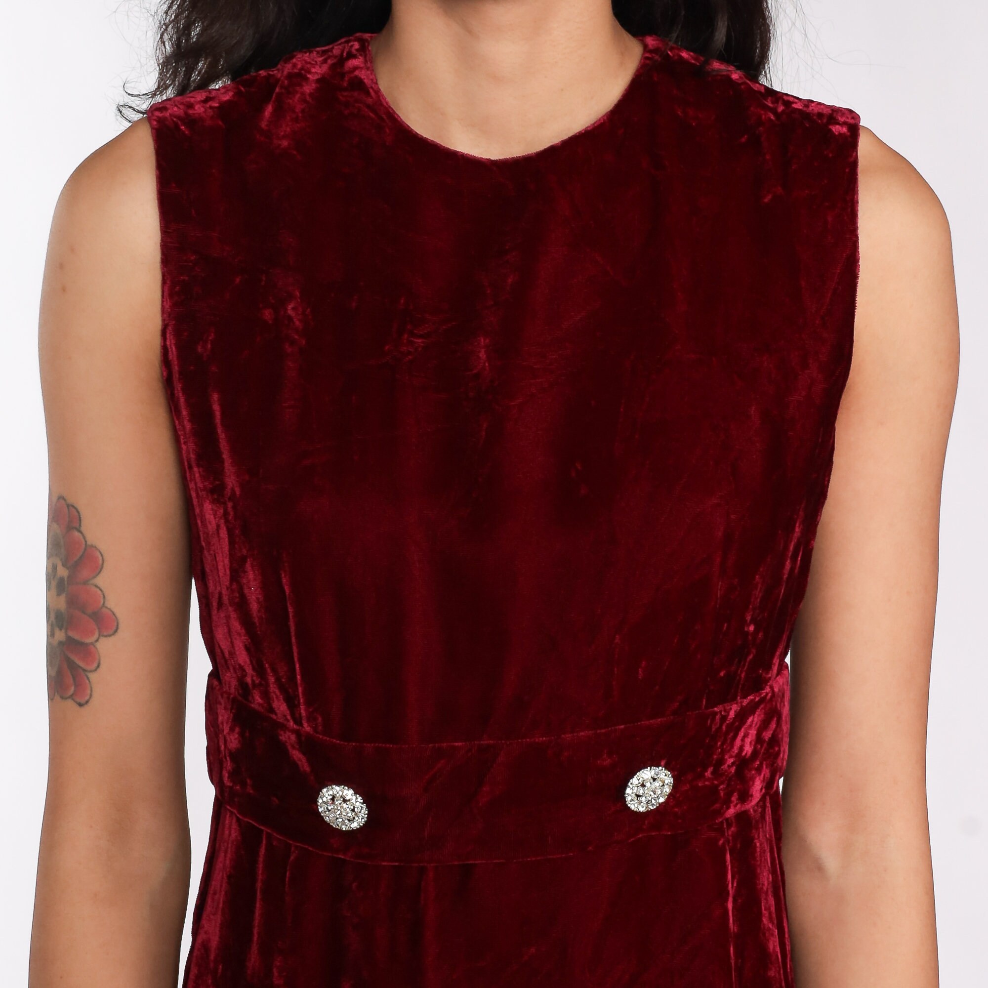 60s Velvet Dress Dark Red Babydoll Mod Mini Party Cocktail Rhinestone