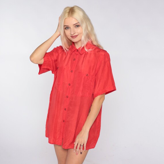 Red Silk Blouse 90s Button Up Shirt Retro Plain S… - image 5