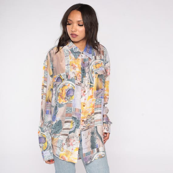 90s Silk Shirt Scenic Desert Camel Print Art Collage Print Button Down Long Sleeve Pastel Watercolor Pattern Vintage Pure Silk Large L 12