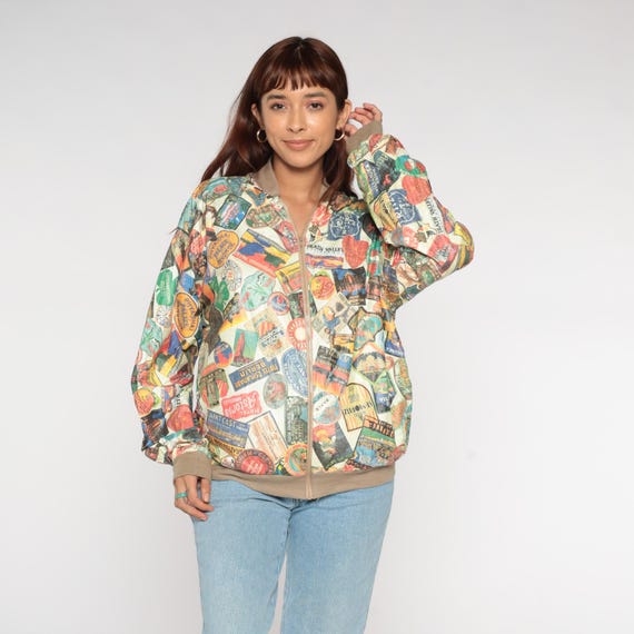 Vintage Travel Jacket 90s Hotel Label Print Bomber Zip Up Beige Trim Oversized Novelty Tourist Europe Souvenir Graphic Medium Large M L