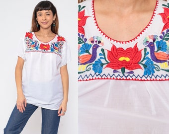 Embroidered Bird Blouse 90s Mexican Floral Top White Colorful Flower Peacock Shirt Short Sleeve Puebla Tent Boho Cotton Vintage 1990s Medium