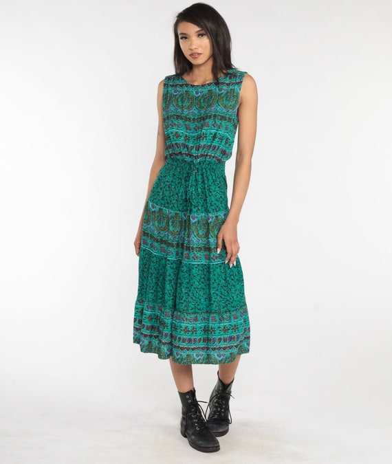 Indian Floral Dress Y2K Bohemian Midi Hippie Sundress Cutout Open Back Boho Festival Sleeveless High Waist Green Vintage 00s Small Medium