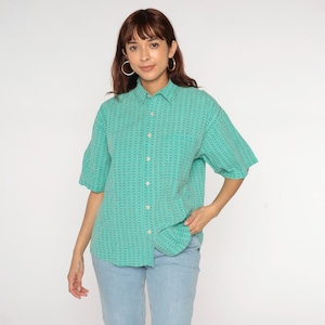 Vintage Green Button Down Shirt 90s Striped Stamp Print Boxy Fit Short Sleeve Collared Top 1990s Unisex Casual Graphic Men&#39;s Medium