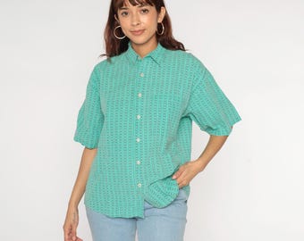 Vintage Green Button Down Shirt 90s Striped Stamp Print Boxy Fit Short Sleeve Collared Top 1990s Unisex Casual Graphic Men's Medium