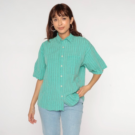 Vintage Green Button Down Shirt 90s Striped Stamp Print Boxy Fit Short Sleeve Collared Top 1990s Unisex Casual Graphic Men's Medium