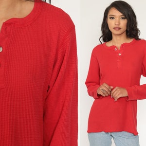 Thermal Shirt Red Long Sleeve Shirt WAFFLE KNIT T Shirt 80s Henley Shirt Button Neck Tshirt Retro Tee Vintage Plain Simple Extra Large xl